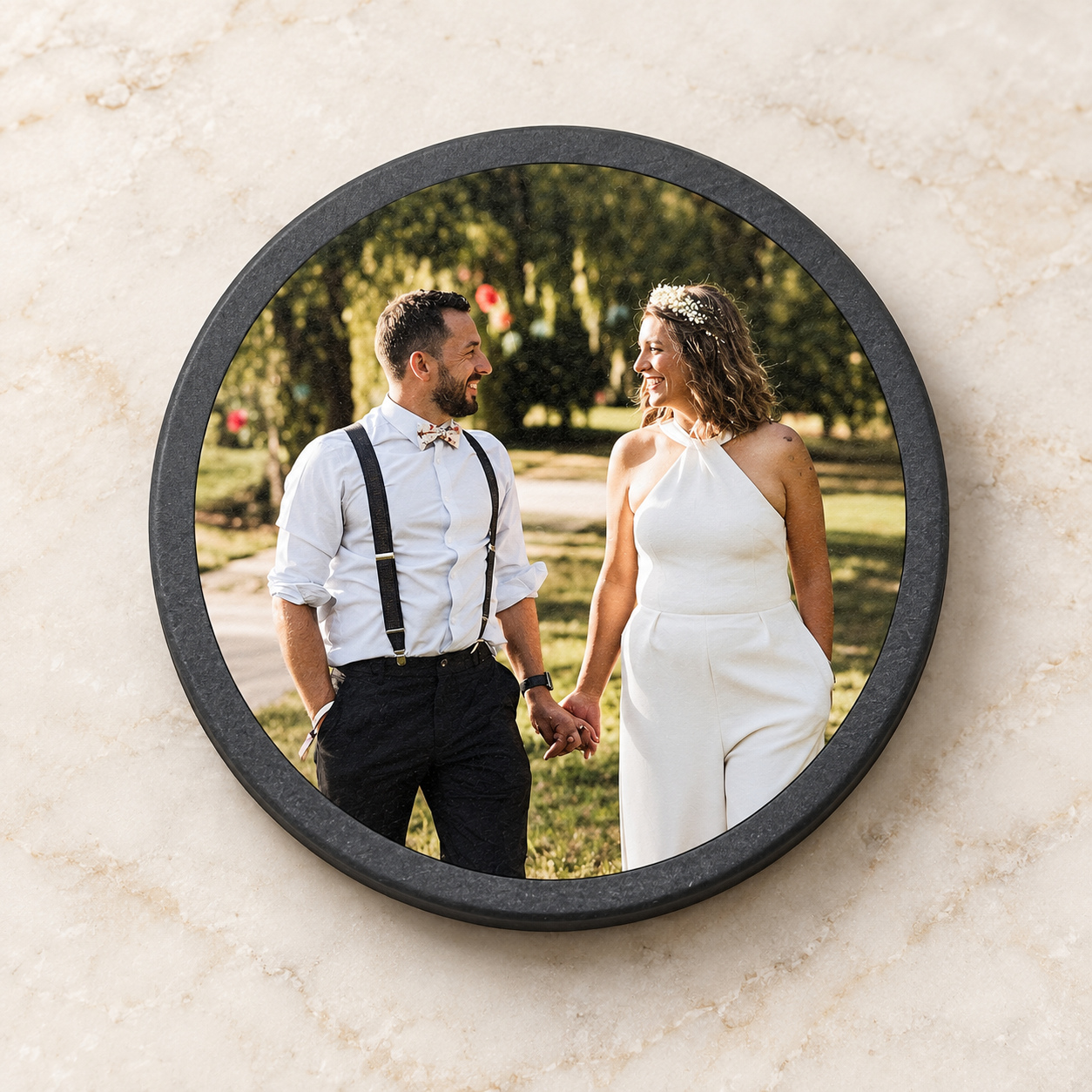 Custom photo printed on round slate coaster