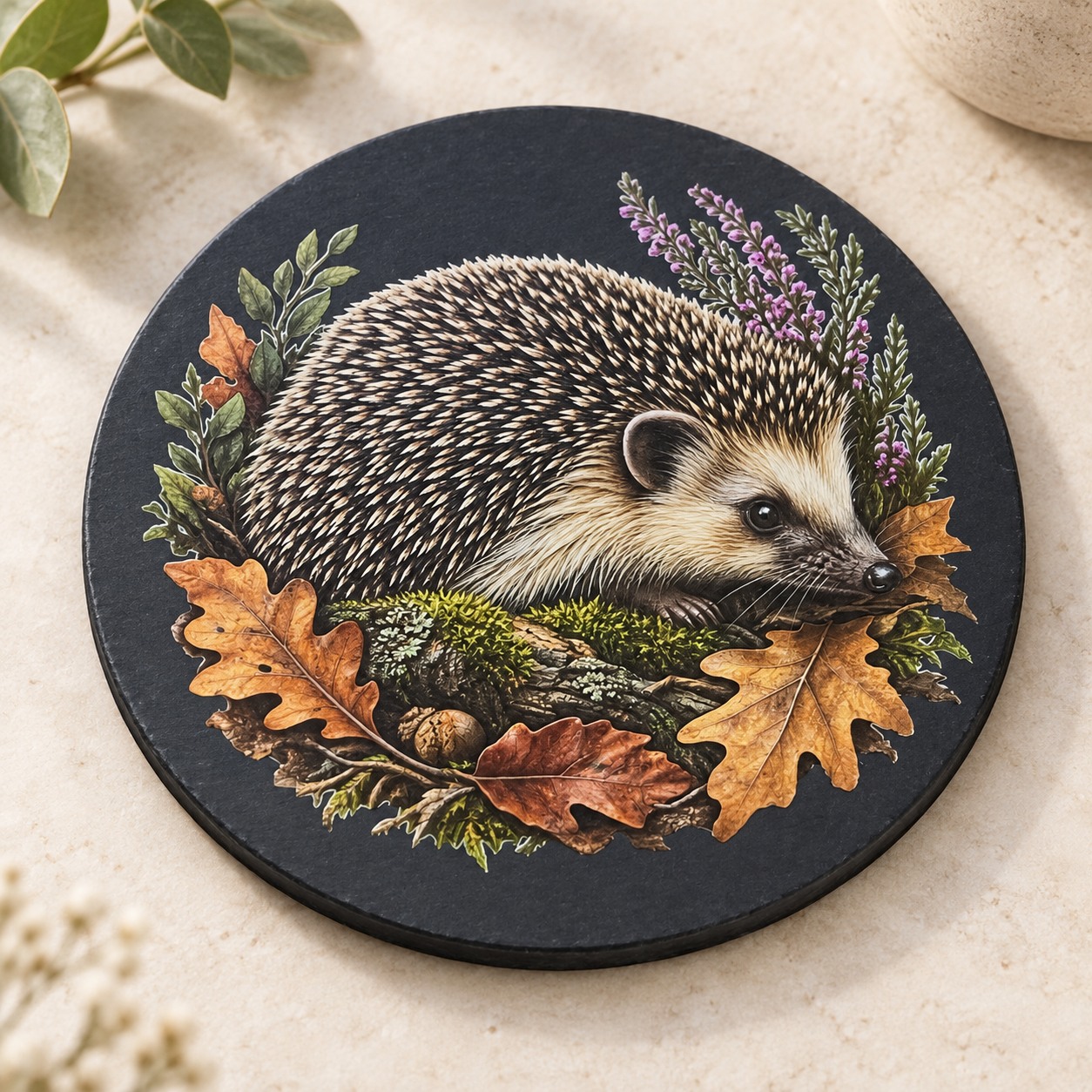 Detailed wildlife artwork printed on round slate coaster