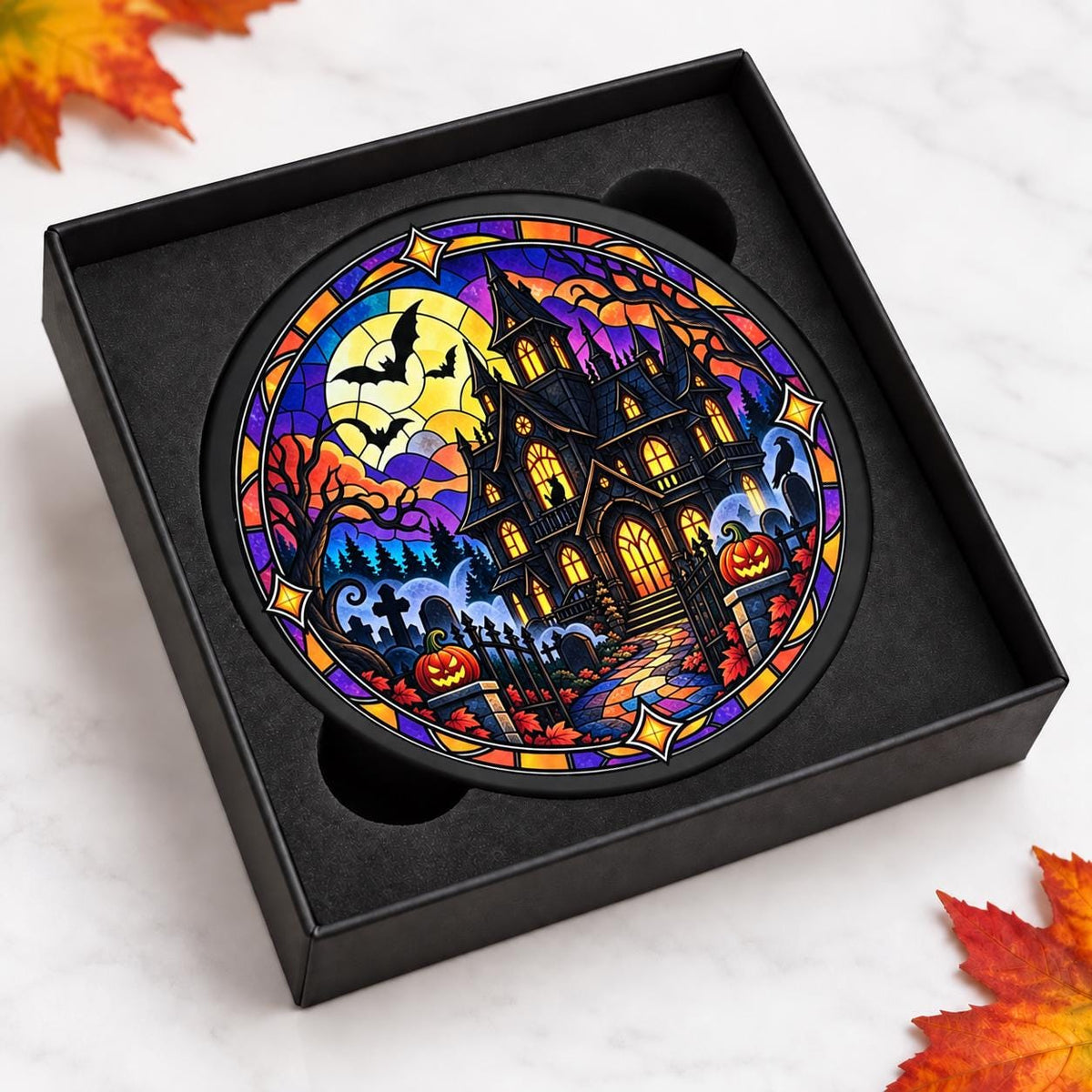Halloween Slate Coasters – Ghost, Pumpkin, Haunted House & Black Cat – Stained Glass Style – Single or Set of 4