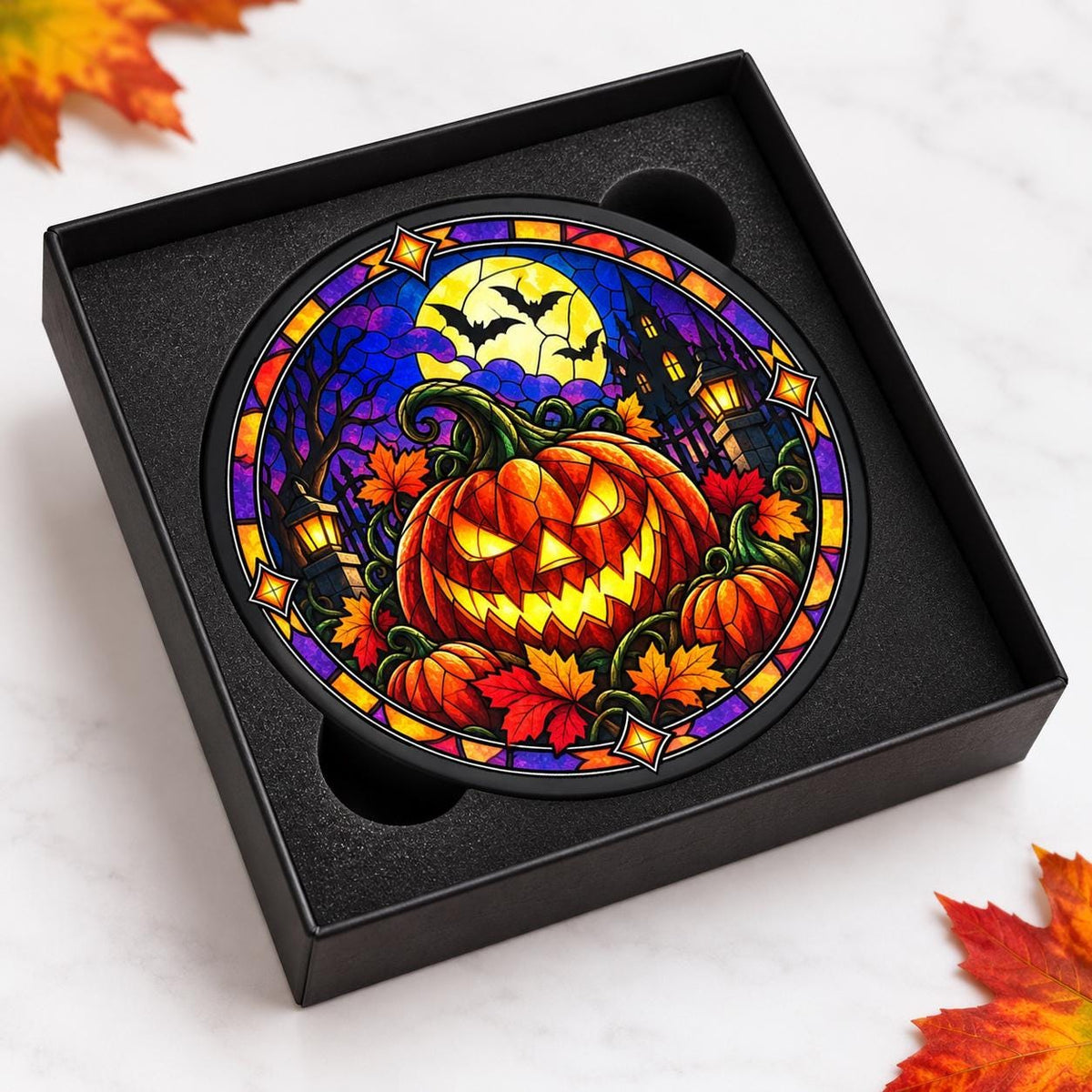 Halloween Slate Coasters – Ghost, Pumpkin, Haunted House & Black Cat – Stained Glass Style – Single or Set of 4