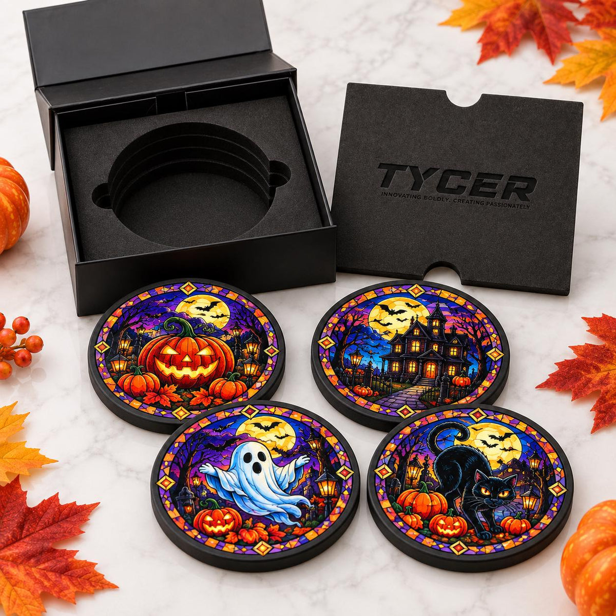 Halloween Slate Coasters – Ghost, Pumpkin, Haunted House & Black Cat – Stained Glass Style – Single or Set of 4