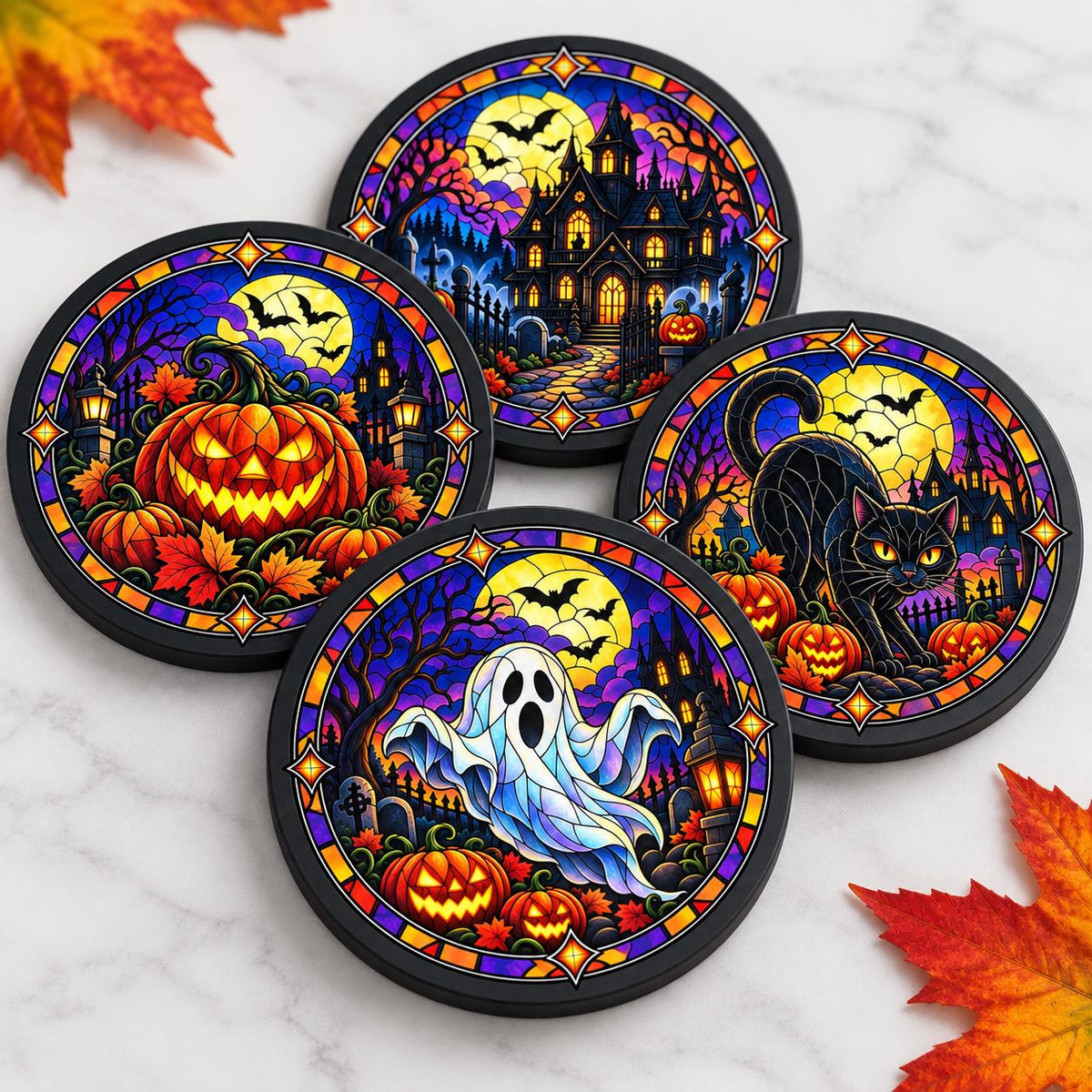 Halloween Slate Coasters – Ghost, Pumpkin, Haunted House & Black Cat – Stained Glass Style – Single or Set of 4