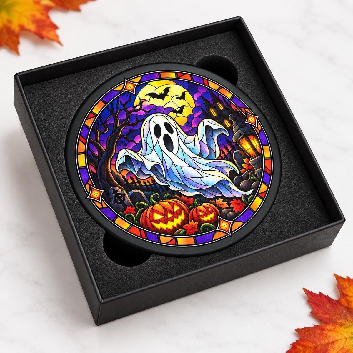 Halloween Slate Coasters – Ghost, Pumpkin, Haunted House & Black Cat – Stained Glass Style – Single or Set of 4