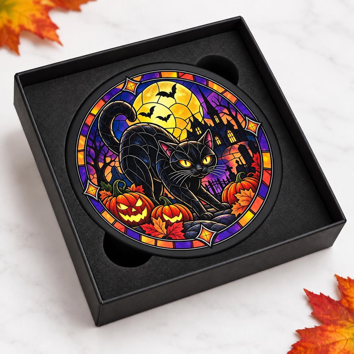 Halloween Slate Coasters – Ghost, Pumpkin, Haunted House & Black Cat – Stained Glass Style – Single or Set of 4